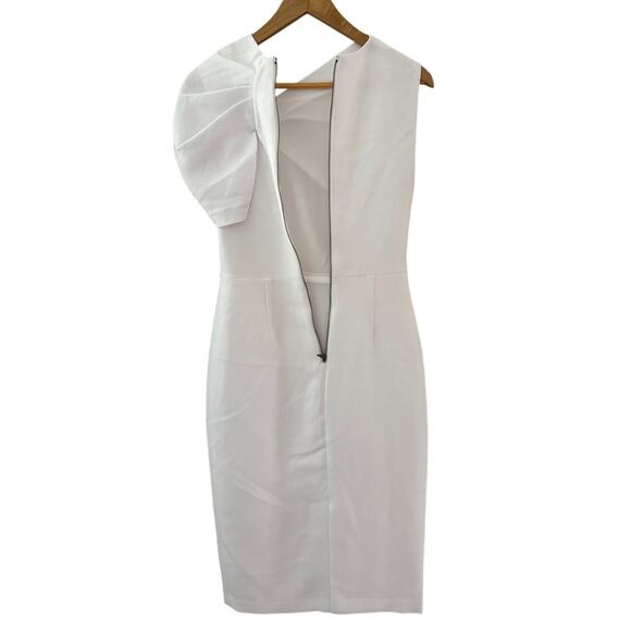 Alice + Olivia Kiro Ruffle-Shoulder Midi Sheath Dress in Bright White Size 4 - Picture 12 of 13